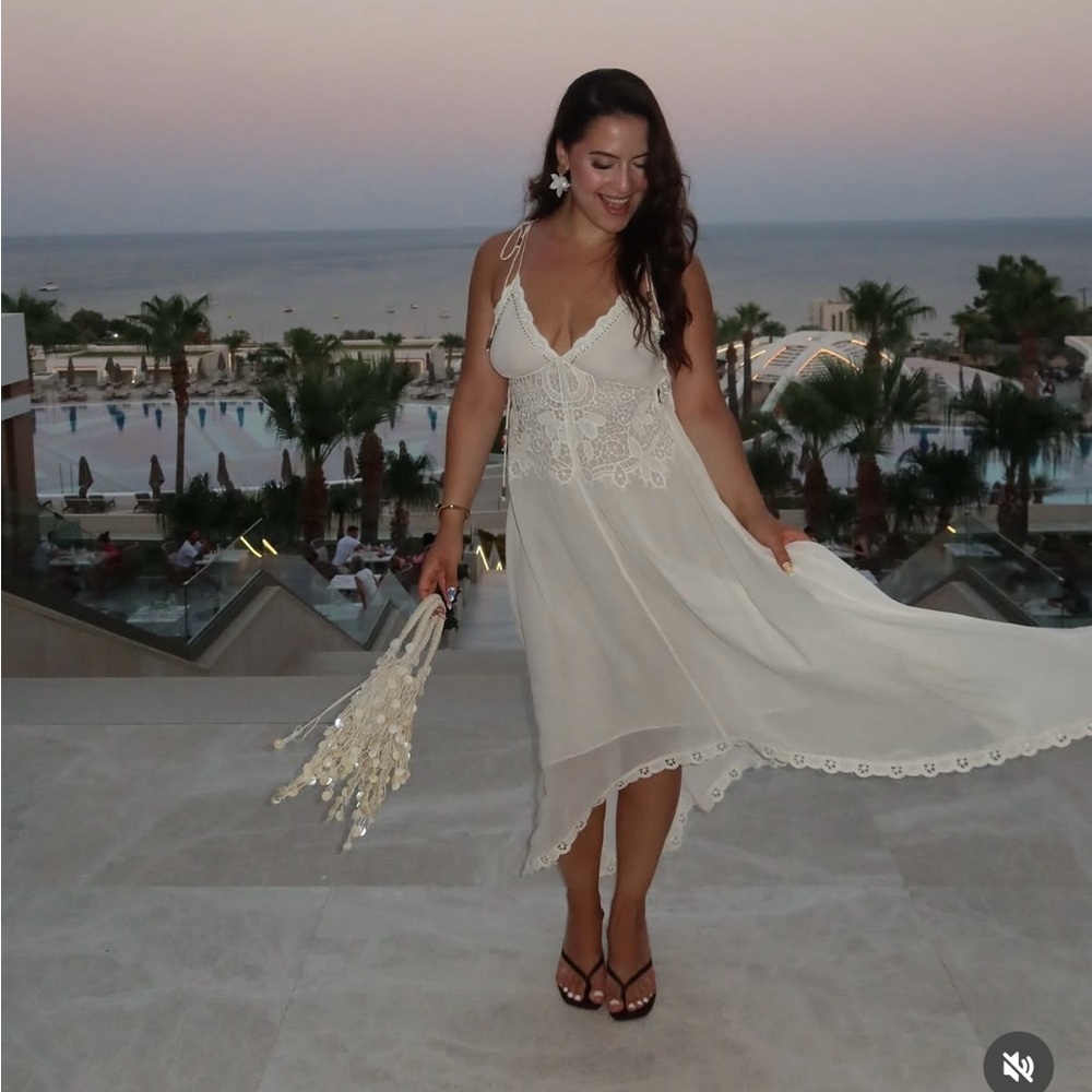 Zara Elegant White Lace Trim Dress beads cream boho hippie summer beach